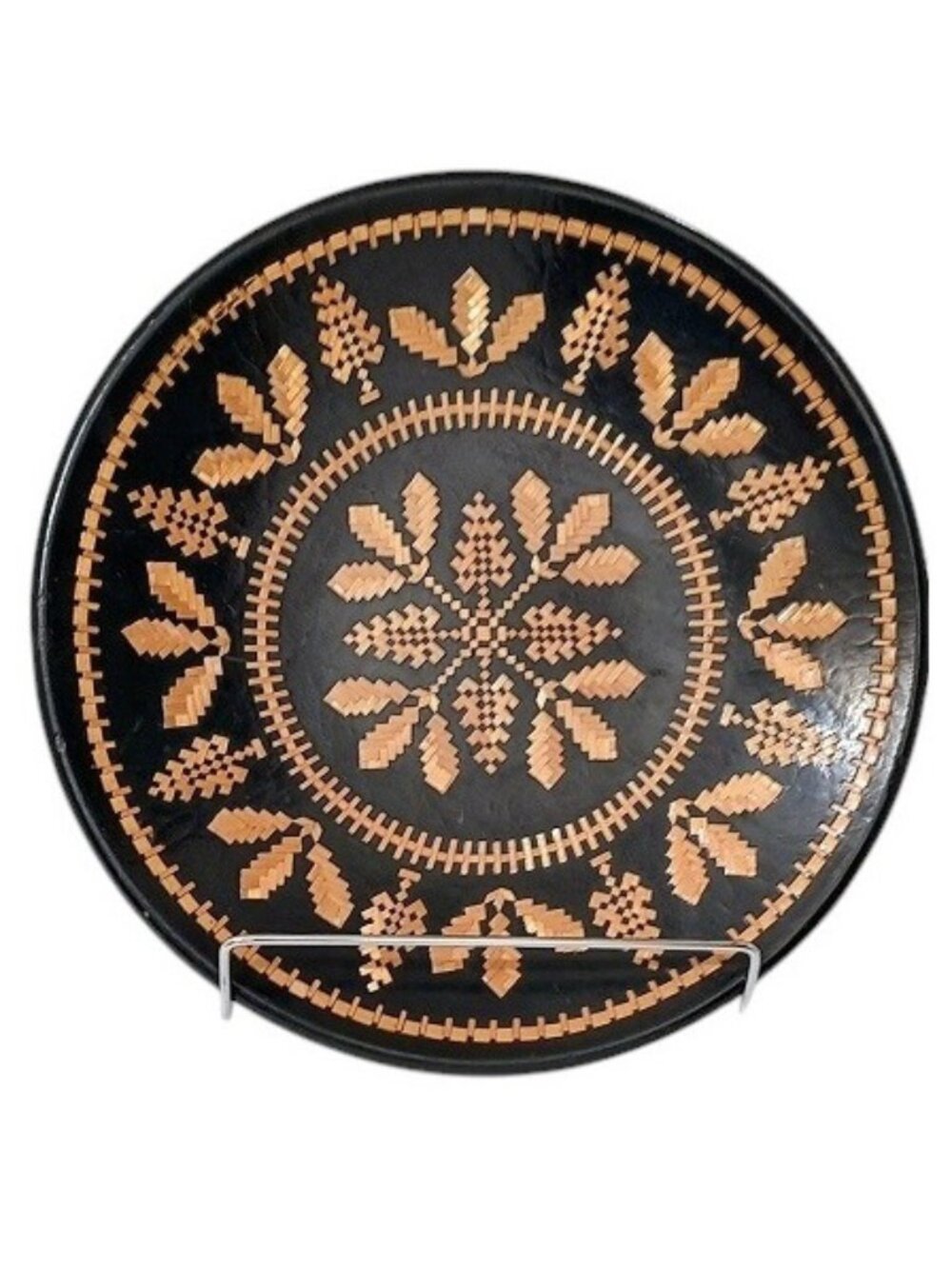 Vintage Russian Folk Art Wood Straw Inlay Marquetry Lacquered Plate, Folk Art
